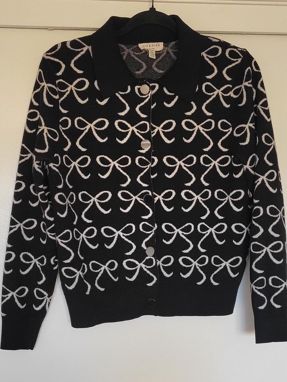 Rio & Rian Black Bow Print Knit Cardigan Sweater PM Peter Pan Collar Preppy